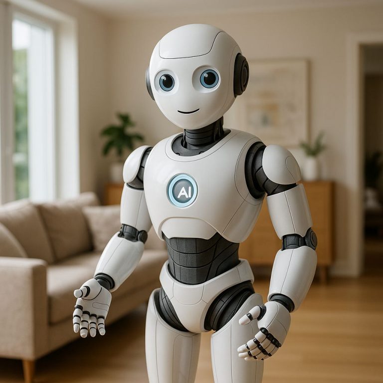 Roboty z AI: Przyjazny robot humanoidalny stojący w nowoczesnym wnętrzu domu, symbolizujący przyszłość robotyki wspieranej przez Sztuczną Inteligencję.