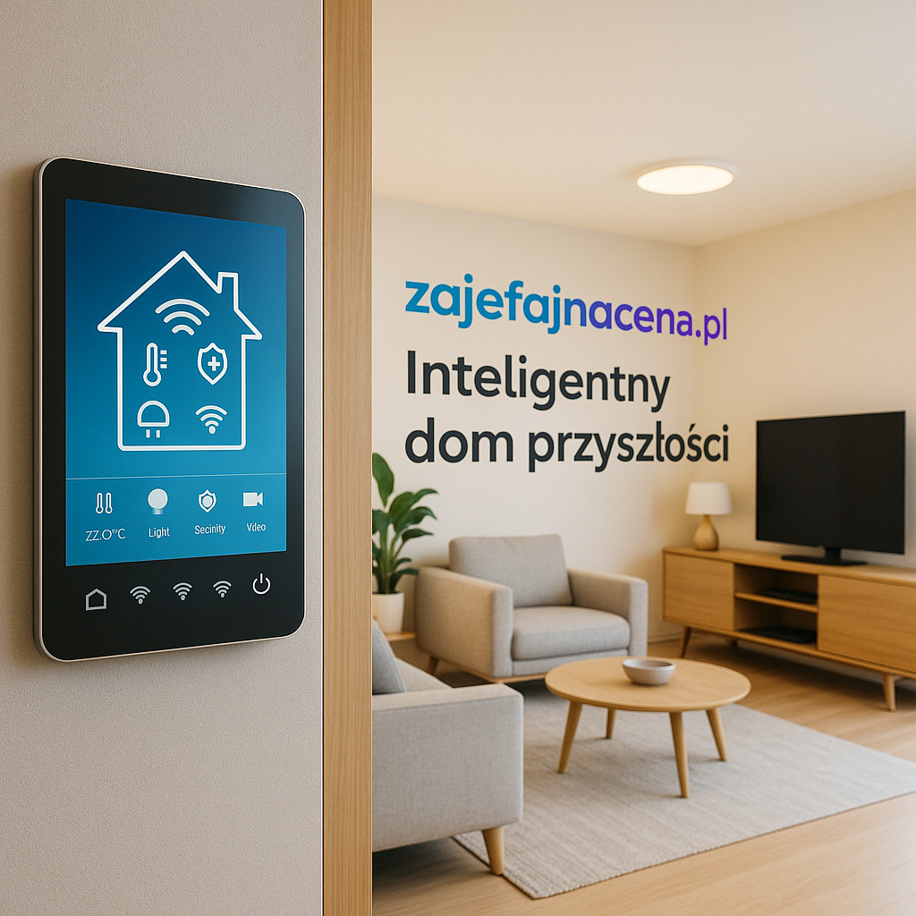 Inteligentny dom przyszłości: Nowoczesne wnętrze z zintegrowanymi technologiami smart home, symbolizujące komfort, automatykę i bezpieczeństwo.