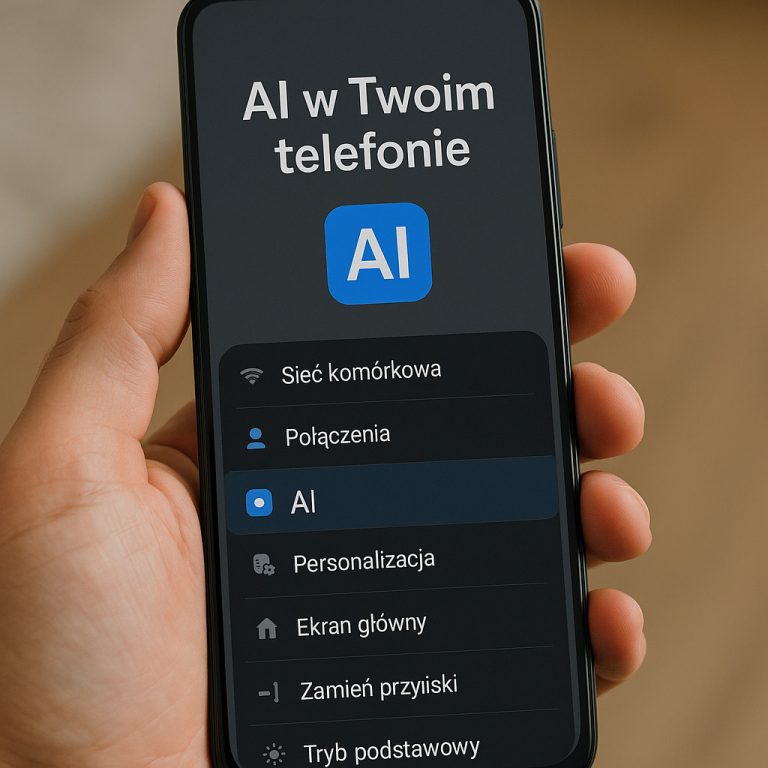 AI w smartfonach: Grafika przedstawiająca połączenie ludzkiego umysłu z interfejsem smartfona, symbolizująca inteligentne funkcje AI w telefonie.