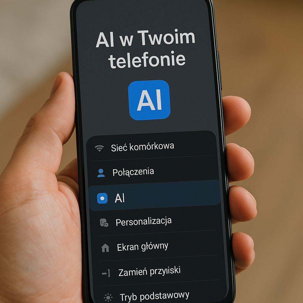 AI w smartfonach: Grafika przedstawiająca połączenie ludzkiego umysłu z interfejsem smartfona, symbolizująca inteligentne funkcje AI w telefonie.