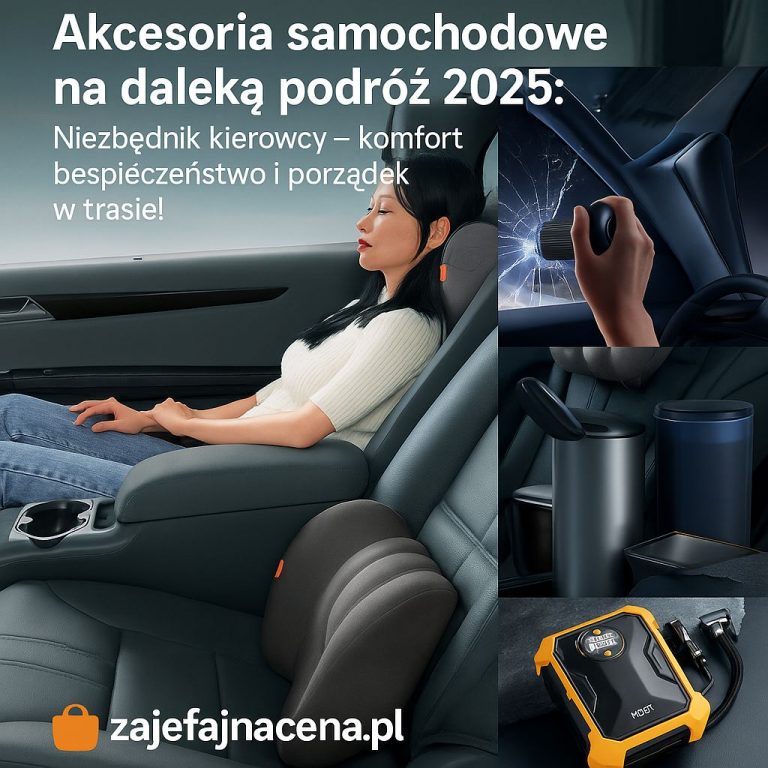 Akcesoria samochodowe na daleką podróż: Zestaw niezbędnych gadżetów (kompresor, kosz, młotek, poduszka) przygotowany do umieszczenia w samochodzie przed długą trasą.
