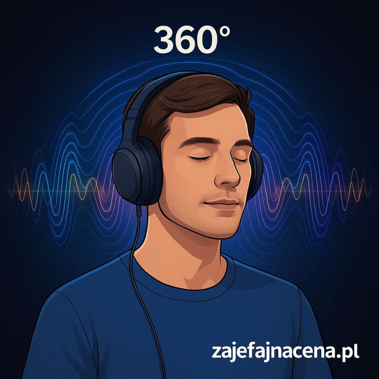 Dźwięk przestrzenny 2025: Osoba słuchająca muzyki przez słuchawki, otoczona wizualizacją fal dźwiękowych 360 stopni, symbolizującą immersyjne doświadczenie audio.