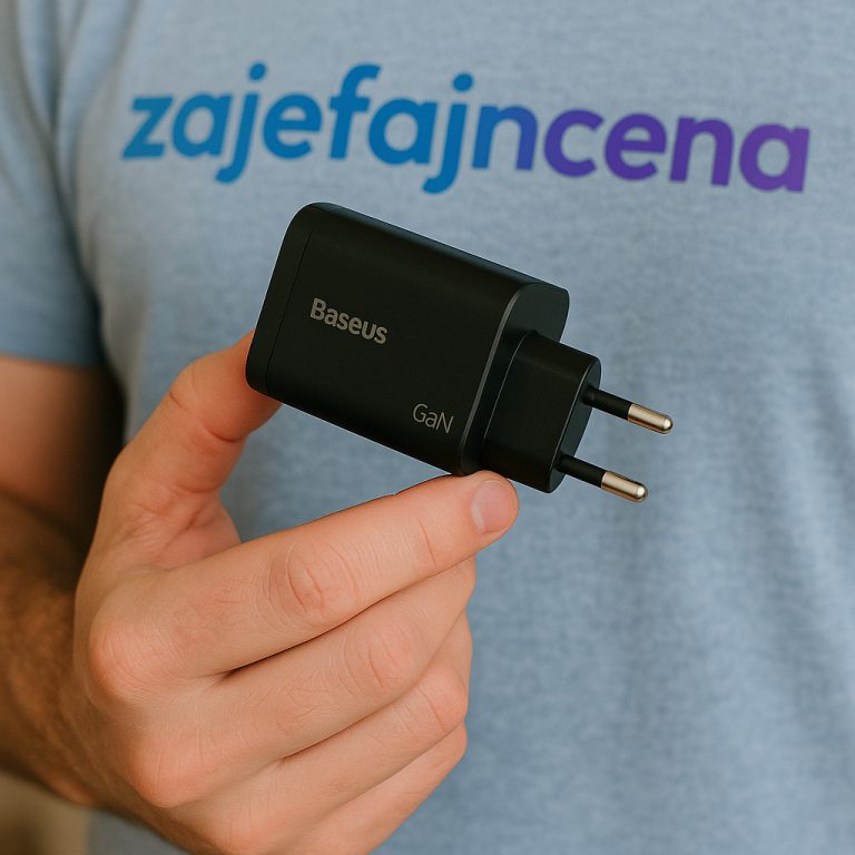 Ładowarki GaN: Kompaktowa ładowarka GaN podłączona do laptopa i smartfona, symbolizująca dużą moc w małym rozmiarze i efektywne ładowanie.