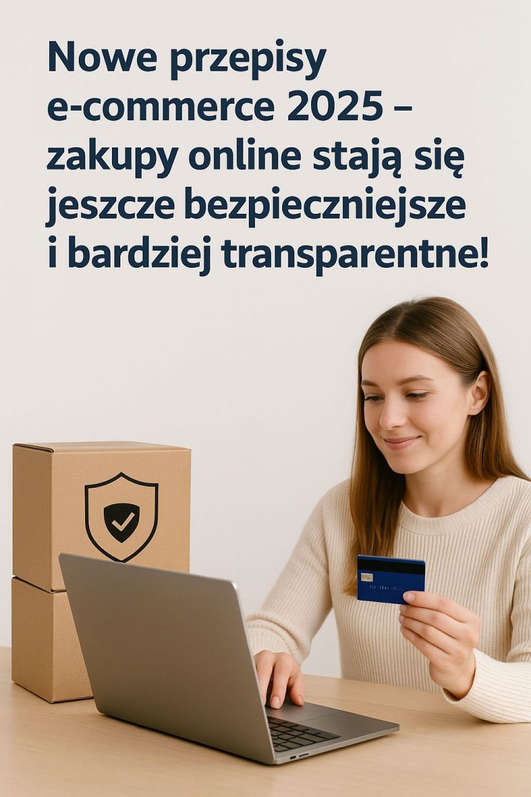 Nowe przepisy e-commerce 2025: Symbolika ochrony konsumenta w zakupach online, tarcza nad ikoną koszyka zakupowego na tle smartfona.