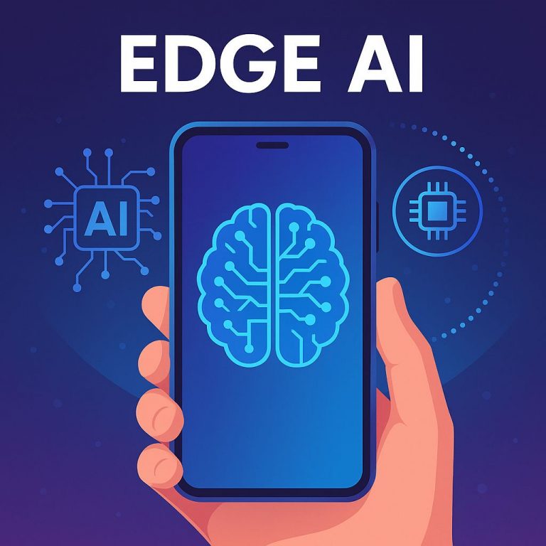 Edge AI: Grafika przedstawiająca sztuczną inteligencję działającą bezpośrednio na urządzeniu mobilnym, symbolizująca szybkie i prywatne przetwarzanie danych.