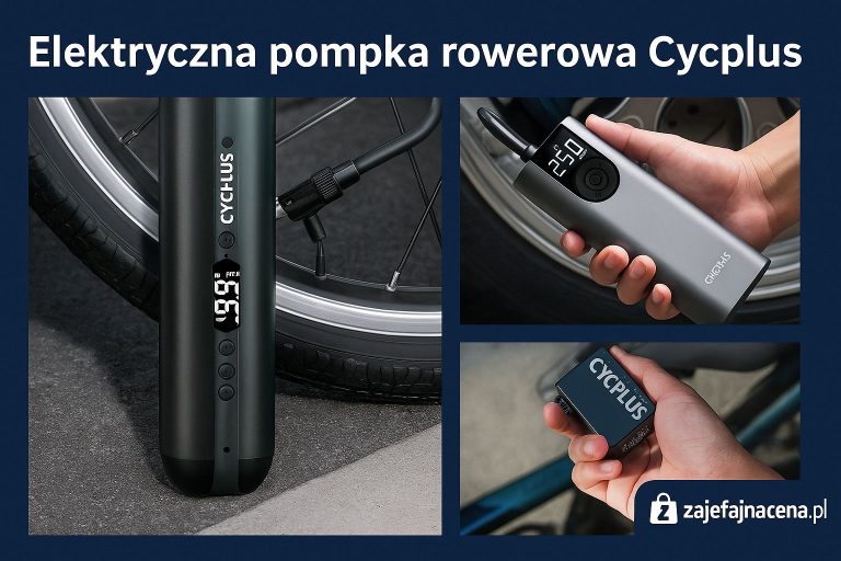 Elektryczna pompka rowerowa Cycplus: Kompaktowa pompka elektryczna podłączona do wentyla koła rowerowego, symbolizująca łatwe i szybkie pompowanie bez wysiłku.