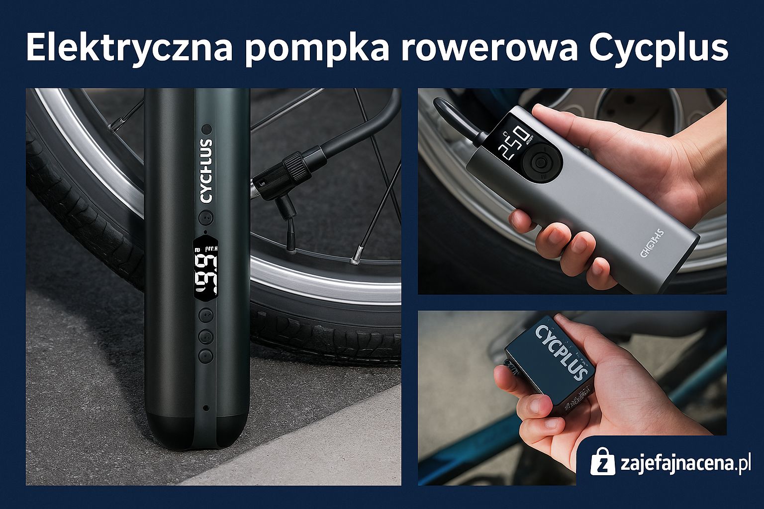 Elektryczna pompka rowerowa Cycplus: Kompaktowa pompka elektryczna podłączona do wentyla koła rowerowego, symbolizująca łatwe i szybkie pompowanie bez wysiłku.