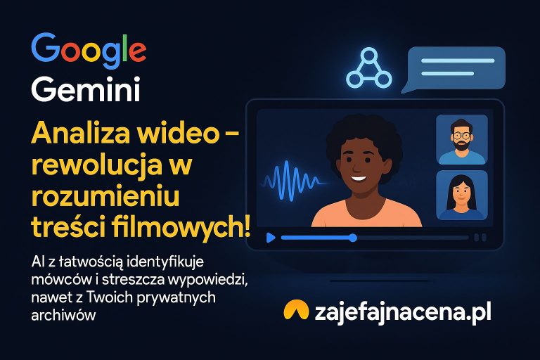 Google Gemini analiza wideo: Interfejs Google Gemini analizujący plik wideo, z podświetlonymi fragmentami mowy i zidentyfikowanym mówcą, symbolizujący nową funkcję AI.