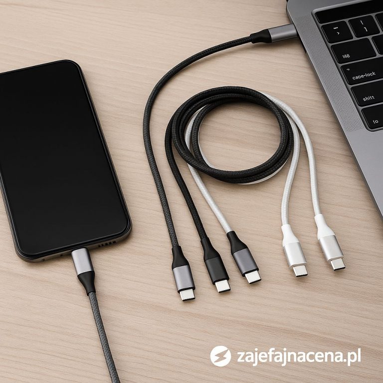 Kable USB-C 2025: Estetyczny widok kilku wysokiej jakości kabli USB-C o różnej długości i kolorze, z podłączonym smartfonem i laptopem.