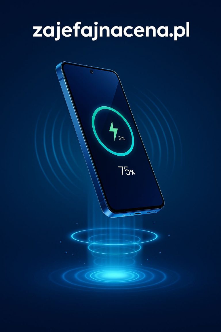 Ładowanie bezprzewodowe na odległość: Smartfon ładujący się bezprzewodowo w powietrzu, z widocznymi falami energii, symbolizujący rewolucję w zasilaniu gadżetów.