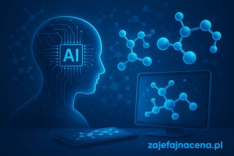 AI projektuje leki i materiały: Wizualizacja sztucznej inteligencji analizującej struktury molekularne, symbolizująca rewolucję w odkryciach naukowych i projektowaniu.