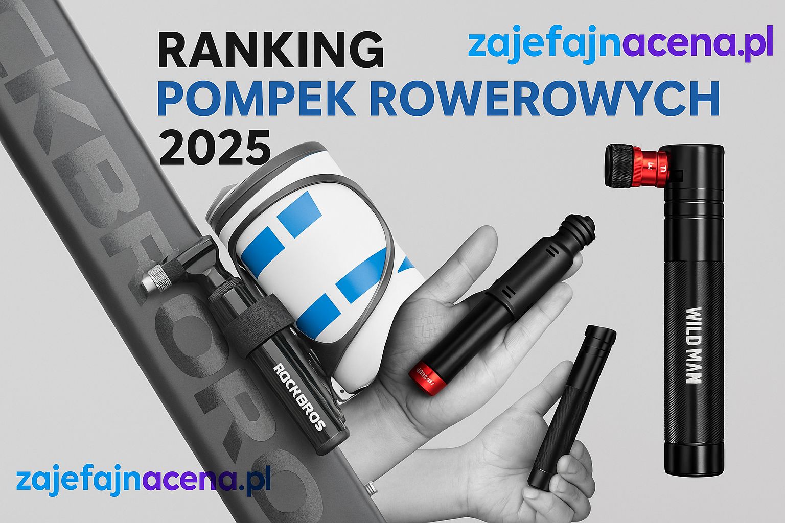 Mini pompki rowerowe: Trzy ultra lekkie pompki rowerowe (Wildman, Rockbros) obok opony, symbolizujące gotowość do naprawy w trasie.