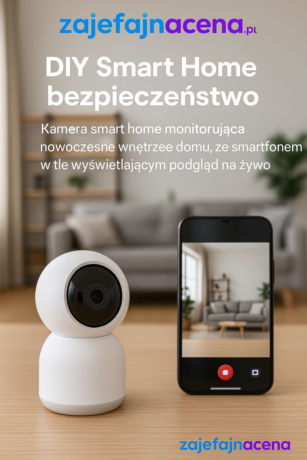 DIY Smart Home bezpieczeństwo: Kamera smart home monitorująca nowoczesne wnętrze domu, ze smartfonem w tle wyświetlającym podgląd na żywo.