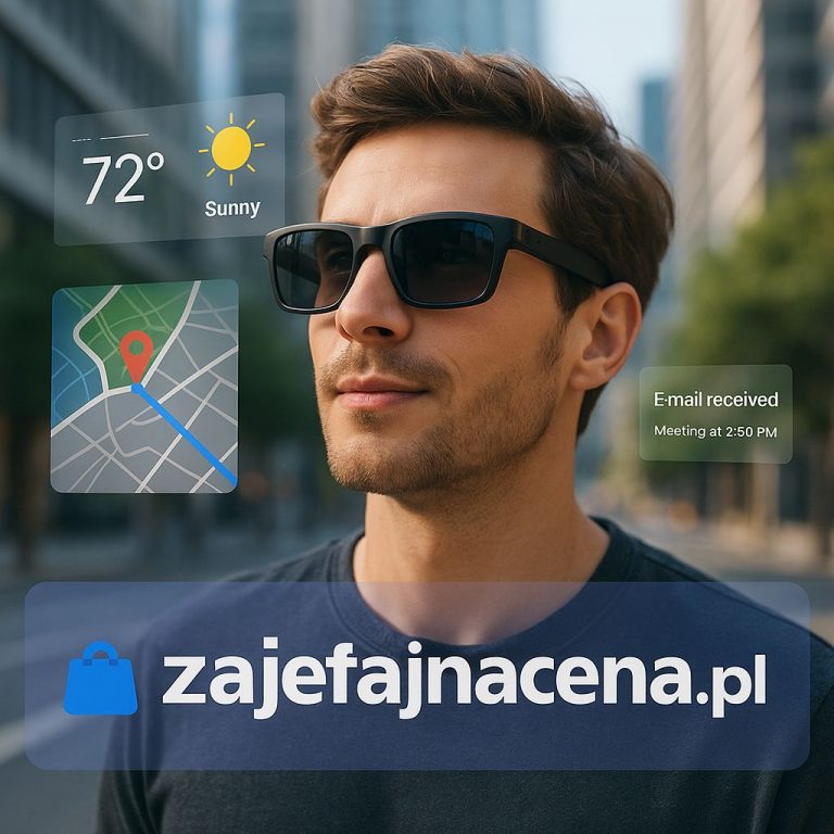 Okulary AR 2025: Osoba nosząca eleganckie okulary AR, w których wyświetlają się cyfrowe informacje (np. nawigacja, powiadomienia) na tle rzeczywistego świata.