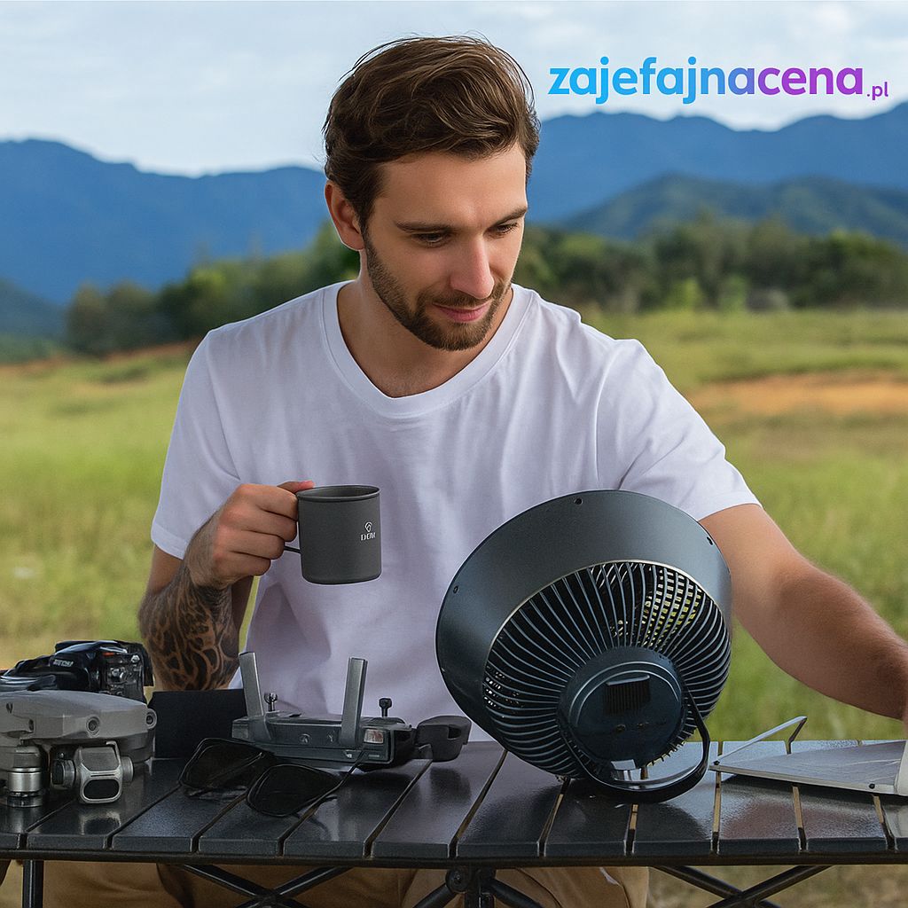 Przenośny wentylator 4w1 Flextail Max Cooler: Kompaktowe urządzenie w plenerze, używane jako wentylator, symbolizujące jego wszechstronność i mobilność.