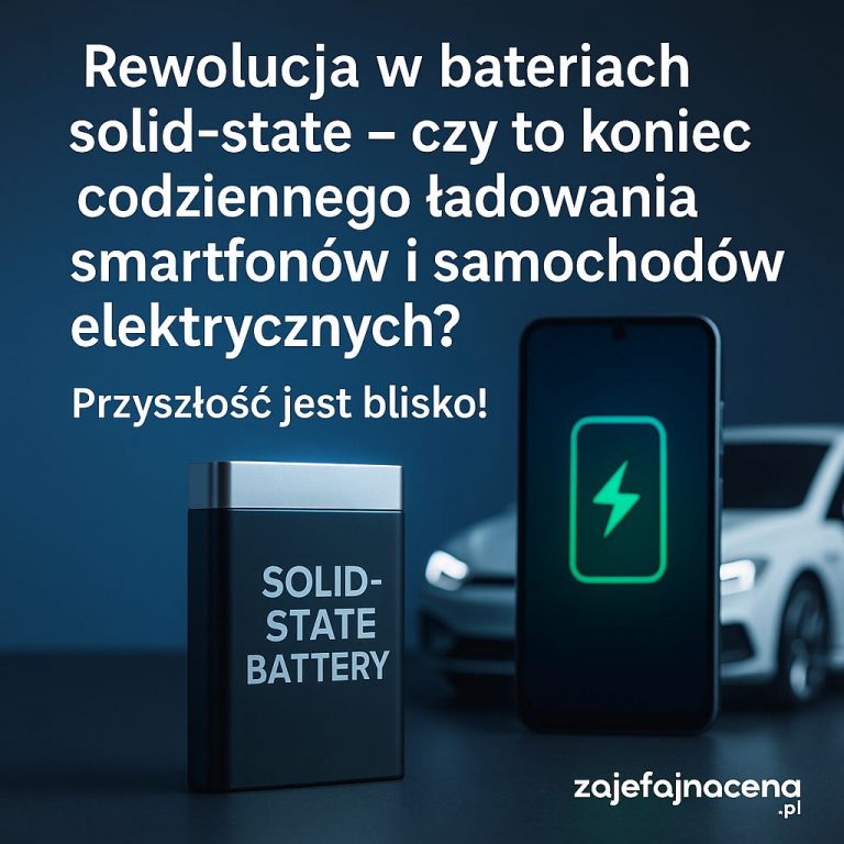Rewolucja w bateriach: Wizualizacja zaawansowanej baterii solid-state, emitującej energię do telefonu i samochodu elektrycznego, symbolizująca długą żywotność i szybkie ładowanie.
