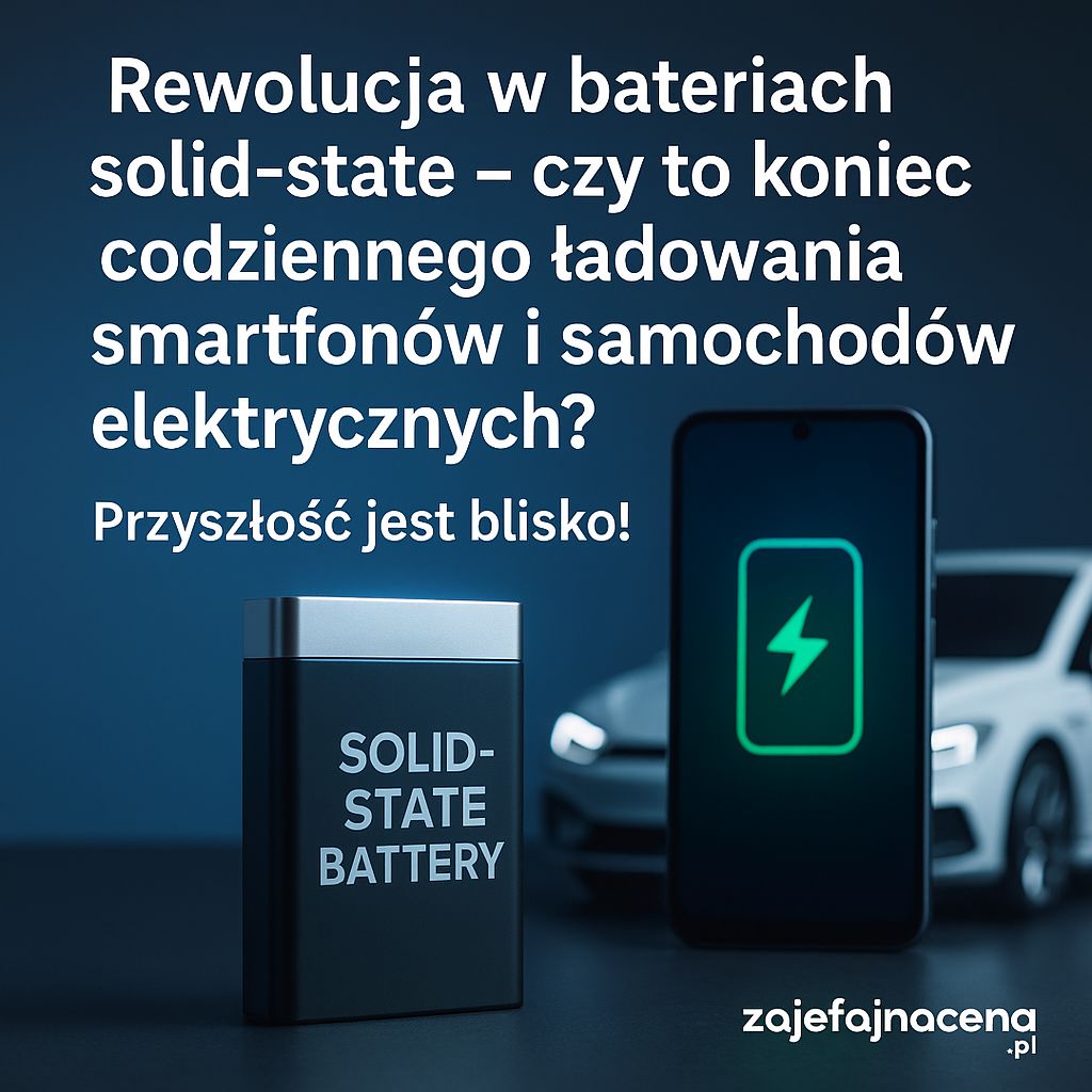 Rewolucja w bateriach: Wizualizacja zaawansowanej baterii solid-state, emitującej energię do telefonu i samochodu elektrycznego, symbolizująca długą żywotność i szybkie ładowanie.