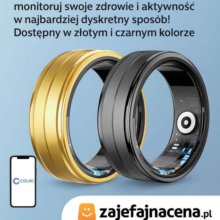 Smart Ring Colmi R06: Złoty i czarny inteligentny pierścień na dłoni, symbolizujący dyskretny monitoring zdrowia i elegancki design.