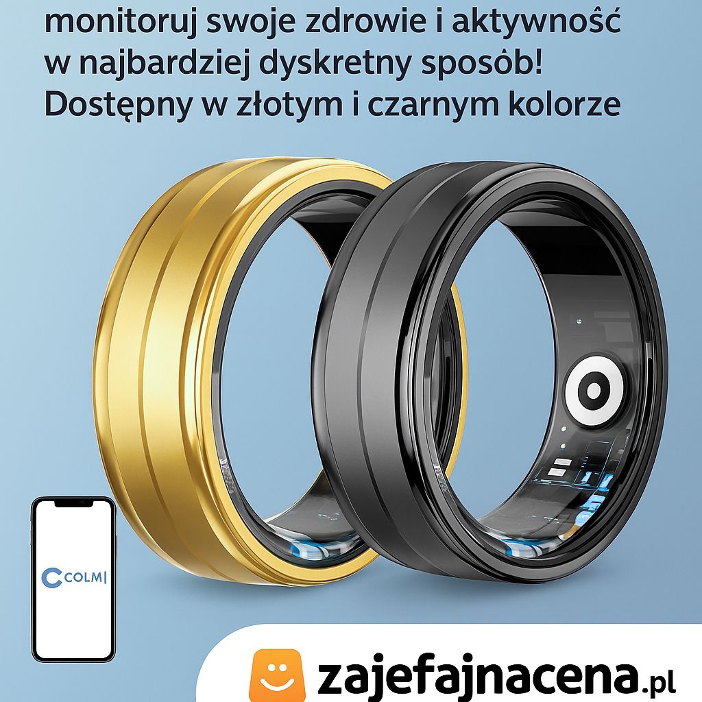 Smart Ring Colmi R06: Złoty i czarny inteligentny pierścień na dłoni, symbolizujący dyskretny monitoring zdrowia i elegancki design.