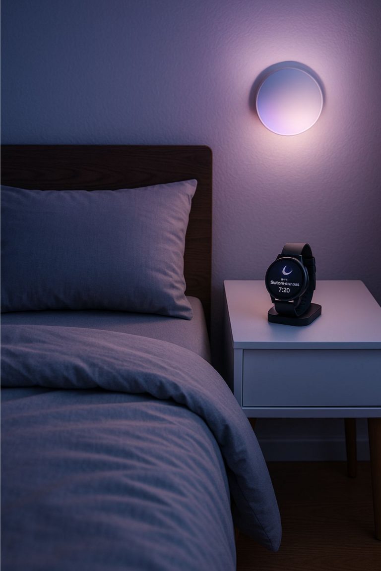 Optymalizacja snu AI: Spokojna sypialnia z inteligentnym oświetleniem, smartwatch na nocnej szafce, symbolizujące technologię i poprawę jakości snu.