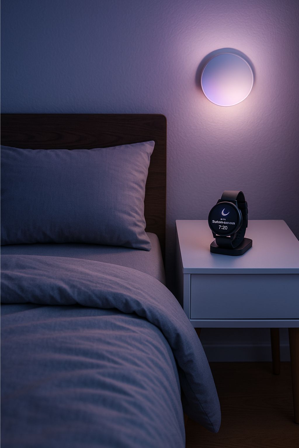Optymalizacja snu AI: Spokojna sypialnia z inteligentnym oświetleniem, smartwatch na nocnej szafce, symbolizujące technologię i poprawę jakości snu.