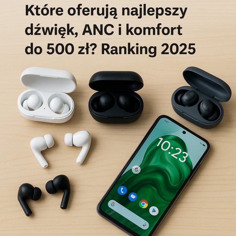Test słuchawek bezprzewodowych TWS: Kilka par słuchawek TWS leżących na stole obok smartfona, symbolizujących porównanie i testowanie jakości audio.