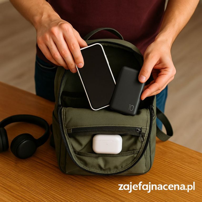 Gadżety podróżne: Osoba pakująca plecak z widocznymi akcesoriami elektronicznymi (powerbank, słuchawki, smartfon), symbolizującymi przygotowania do podróży.
