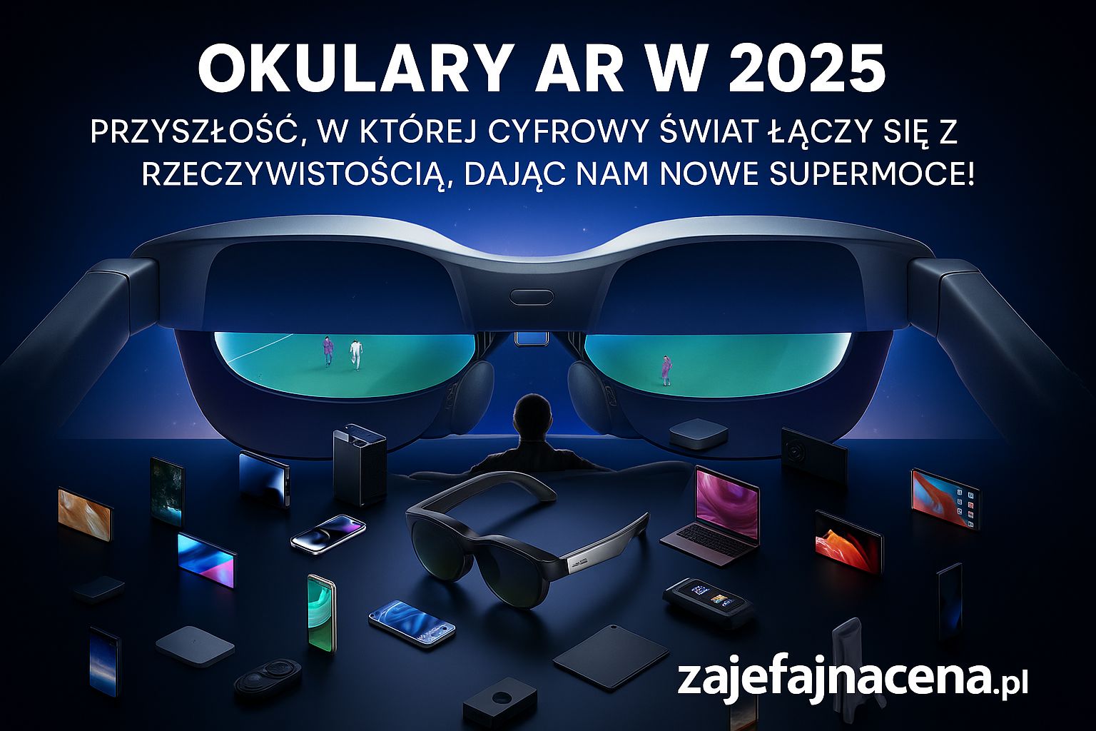 Okulary AR RayNeo Air 3s: Osoba nosząca eleganckie okulary AR RayNeo Air 3s, z subtelnym cyfrowym interfejsem widocznym w tle, symbolizujące przyszłość technologii.