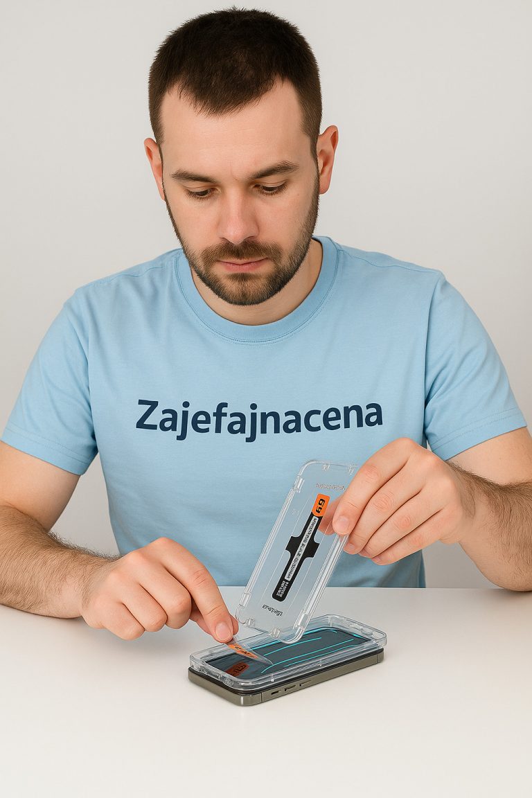 Spigen Glas.tR AlignMaster instalacja: Mężczyzna w koszulce Zajefajnacena montujący szkło hartowane na smartfonie, z widoczną ramką aplikacyjną. Ilustracja łatwej i precyzyjnej instalacji.