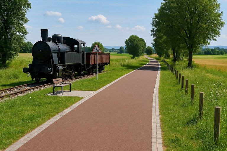 Żelazny Szlak Rowerowy: Rowerzyści na malowniczym odcinku szlaku, przejeżdżający przez tunel kolejowy lub wiadukt, symbolizujący unikalne atrakcje.