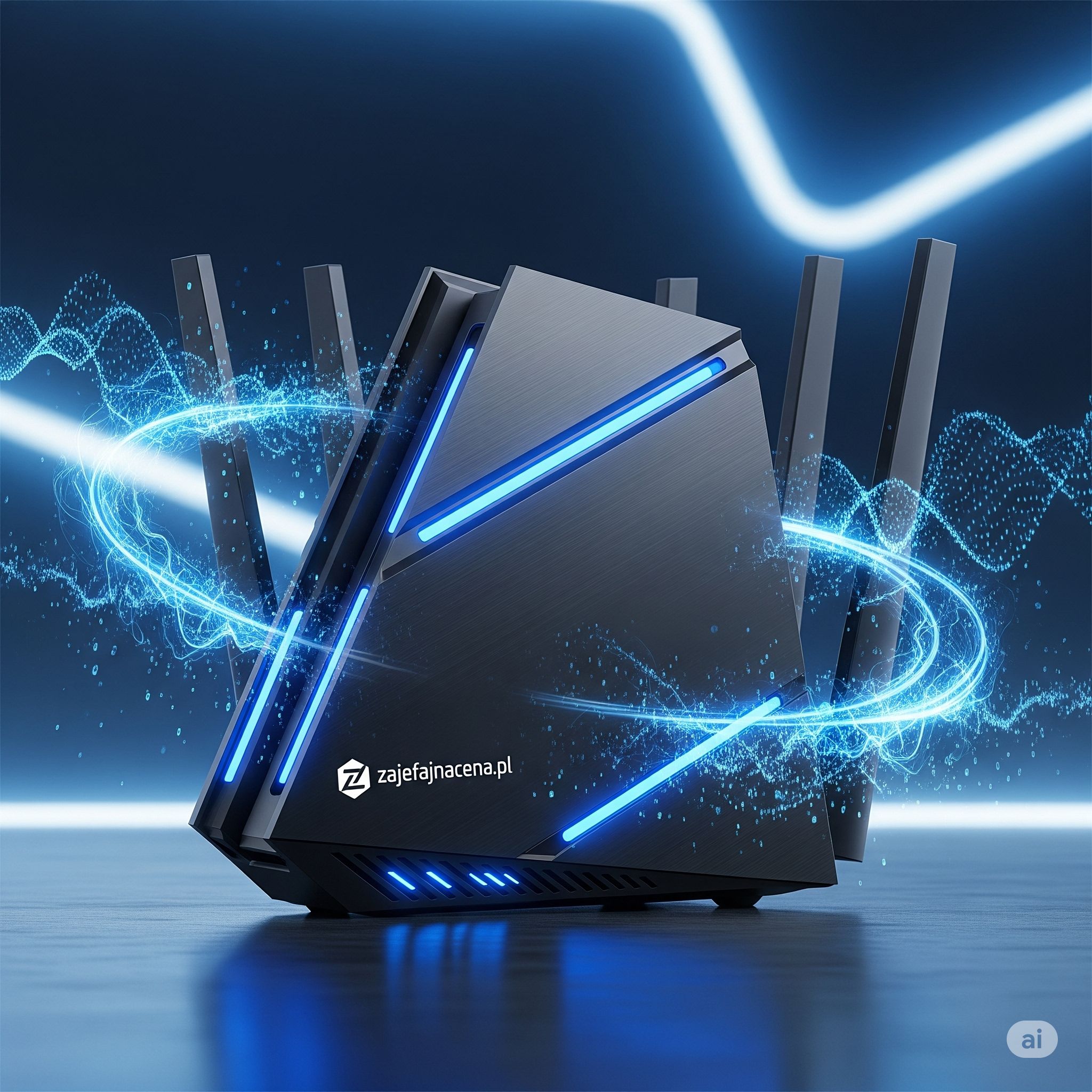 Router Wi-Fi 7 - przyszłość domowej sieci Nowoczesny router Wi-Fi 7 z diodami LED i zoptymalizowaną anteną, symbolizujący szybki internet